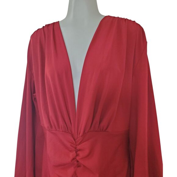 Bodycon Cocktail Maxi Dress V-Neck Bishop Sleeve High Split Ruched Red Formal - Picture 3 of 10